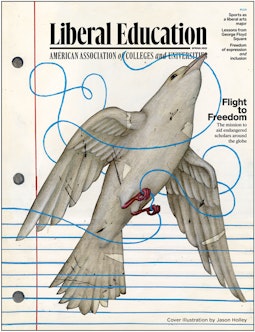 Image of cover of Liberal Education Spring 2022 with bird grasping curly cue string in beak