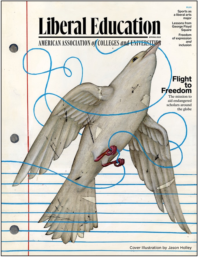 Image of cover of Liberal Education Spring 2022 with bird grasping curly cue string in beak