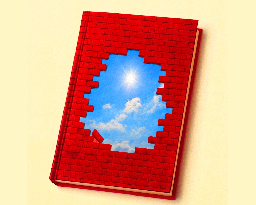 Illustration of bricks in the shape of a book with missing bricks showing blue sky and the sun.
