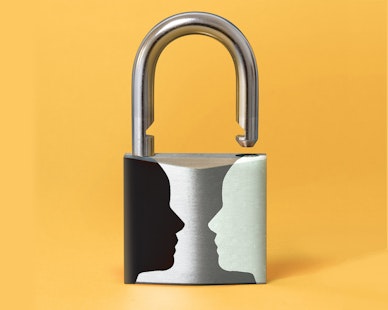 Lead image of open lock with black and white face silhouettes on lock face facing each other.
