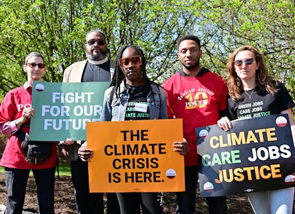Members of POWER Interfaith gather in April 2022 in Pennsylvania for the Fight for Our Future: Rally for Climate, Care, Jobs, and Justice.