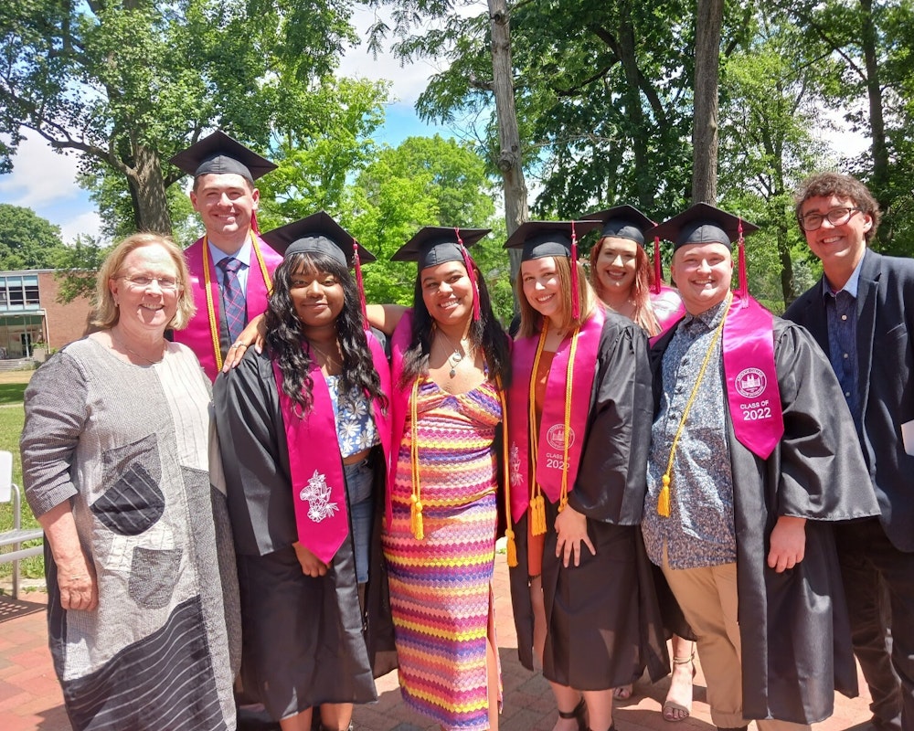 Jane Fernandes, president of Antioch College, with students at commencement.