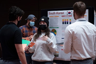 Virginia Tech students attend a poster session for the Pathways General Education course, Earth Resources, Society and the Environment, fall semester 2021.