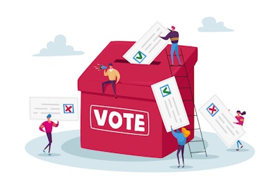 An illustration of people entering ballots into a voting box.