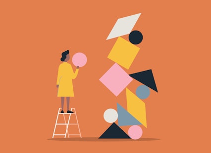 Illustration of a woman standing on a step-stool stacking different shapes.